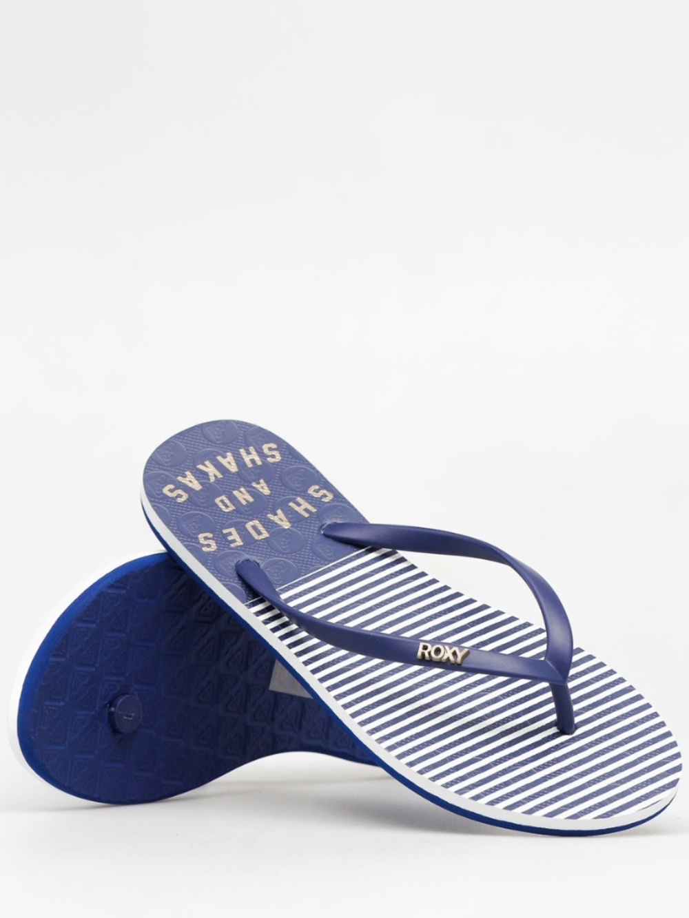 Roxy Viva Stamp Navy and White Striped Flip Flops - 'Shades and Shakas' Size 8